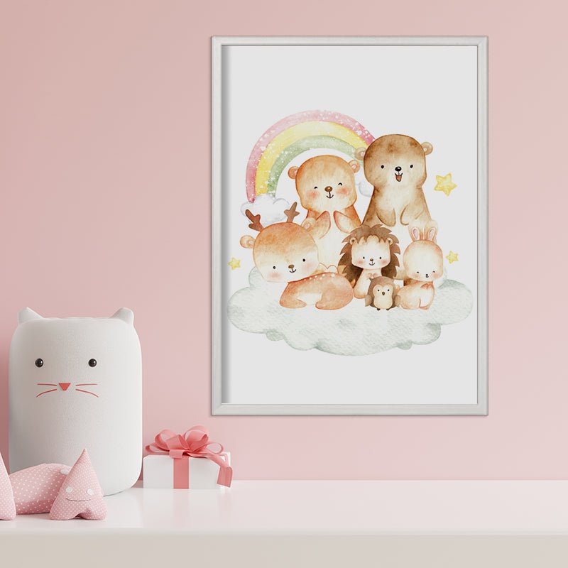 Obraz do dětského pokoje s motivy lesních zvířátek s duhou.